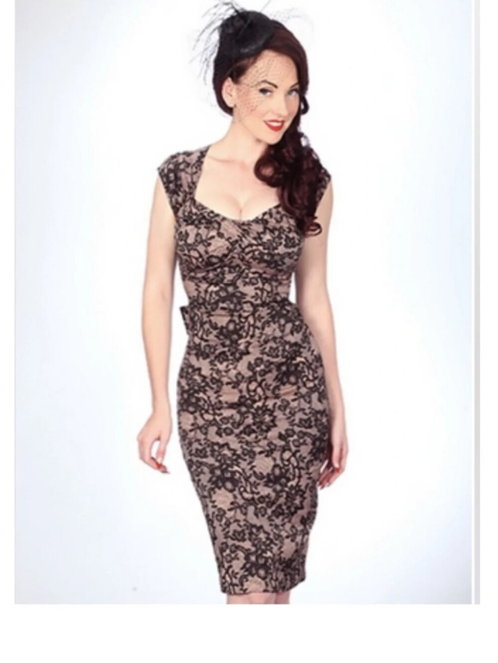 Stop Staring Black Lace Print on Nude Midi Pin-up Dress S Bow